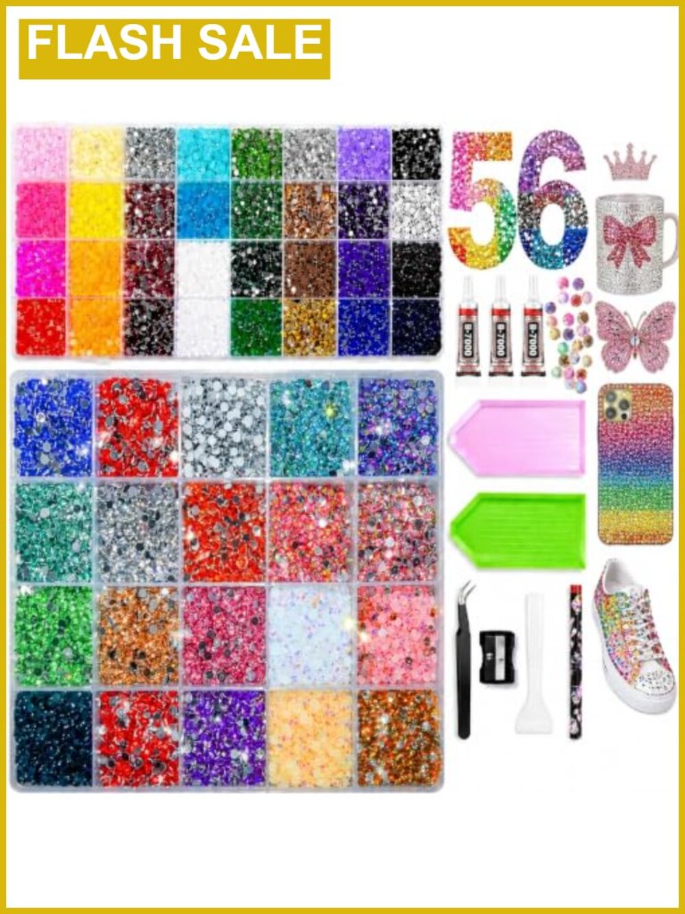55000+Pcs Bedazzling Kit, 56 Colors, B7000 Glue, Rhinestones, Tools
